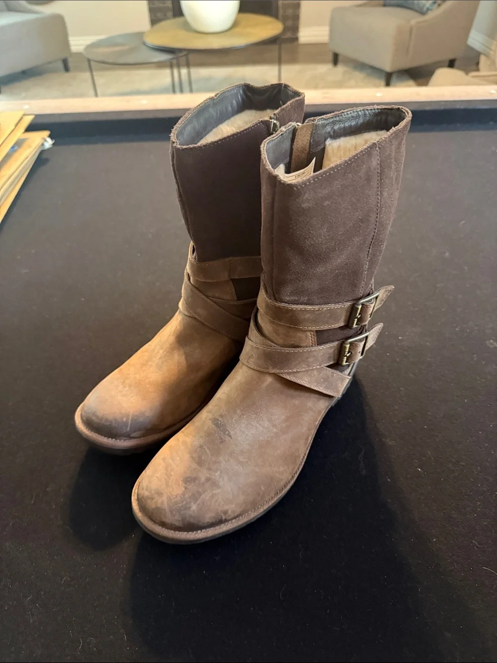 UGG Brown Suede Mid-Calf Buckle Strap Boots